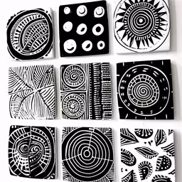 eight abstract geometrically printed square pieces in black and white,a white wall with eight small black and white drawings