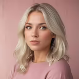 a woman with blond hair, wearing a pink sweater