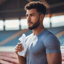 man holding a towel and wipe with stadium seating in background