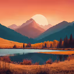 mountains and trees near water during sunset,a mountain scene that has a lake and some trees