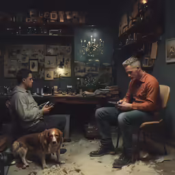 a man sitting on a chair with his hand in his pockets next to a man sitting down and a dog standing up