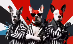 two dogs wearing sunglasses and standing next to each other
