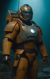 the orange knight stands in front of a blue background