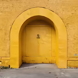 an arched doorway and cement pavement with yellow walls