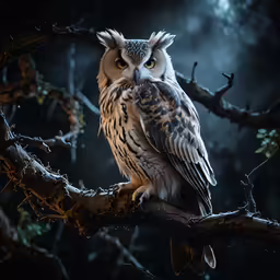 an owl with yellow eyes perched on the branch