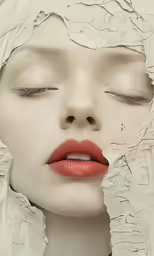 the woman is posing for the camera, her face has been made up