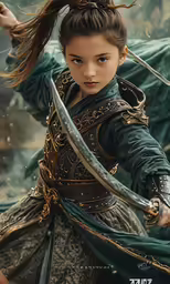 a young girl dressed as a medieval warrior