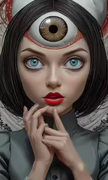 an animated character is wearing blue eyes and an eyeball