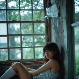 a beautiful young woman wearing white sitting on a bench in front of a window