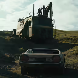 an old pickup truck and a wrecked car on a grassy hill