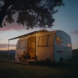 the mobile home is parked near a tree