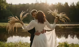 a bride and groom embracing next to a lake