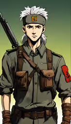 the character from an anime, with a shotgun,a guy in an army outfit holds a gun