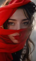 a woman wearing a red scarf with her head covered