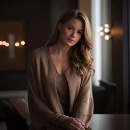 a woman sitting at a table in a room