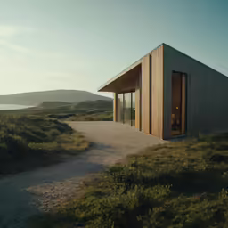 a small building in the middle of a grassy field