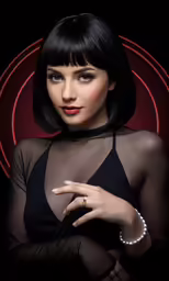 young woman wearing black dress and black beaded necklace, wearing a ring