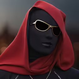 a black mannequin head wearing a red scarf and gold sunglasses