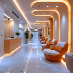 an orange and white room with curved lights