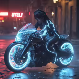 a woman on a motorcycle illuminated in neon lights