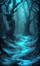 a fantasy blue path through a forest filled with snow