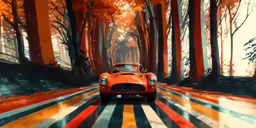 the red car is going through the colorful street