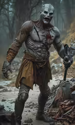 a creepy man with bloody paint is standing in the snow