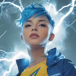 a woman with blue hair is standing near lightning