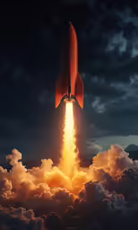 a rocket that is flying into the air above clouds