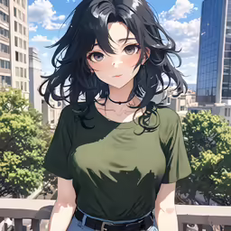 a girl is standing in front of some buildings