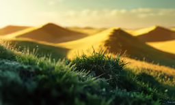 sunlight shining over dunes of green and brown grass