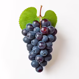 some grapes and green leaves on a white table