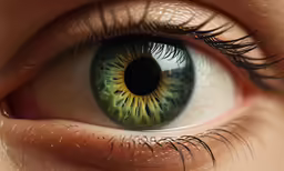 an artistic close - up of the eye shows bright green and blue colors