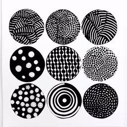 several circles that are arranged in different sizes,eight different circular dots are arranged on a white paper