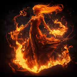 a girl in fire is dancing with orange hair