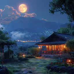 a beautiful, peaceful scene of the full moon at night,a small building with lights on it in the grass