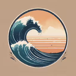 an ocean painting with a wave in the middle,an ocean wave breaks in to the orange sky