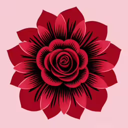 the red flower is a symbol of strength,a red flower is on a pink background,the large red flower is next to the white background,a red flower on a pink background with black lines,a close up of a flower with lots of petals