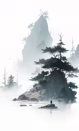 a lone person stands on the shore as mist rolls in