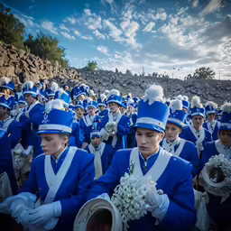 several female marching members standing on a mountain side