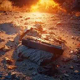 a piece of broken luggage sitting on the ground