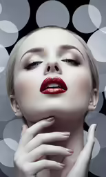 a woman with red lips and makeup in front of circles