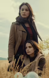 two women sitting next to each other in tall grass