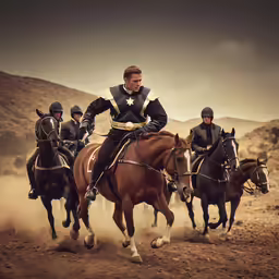 four men are riding horses in the desert