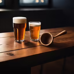 two mugs of beer sitting on a wooden table