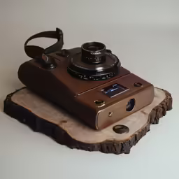 a camera sitting on top of a slice of wood