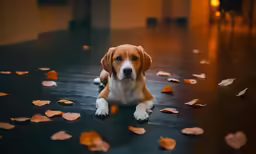 a dog is laying on the floor surrounded by leaves