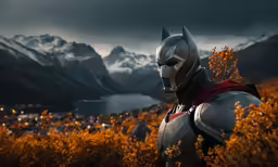 a computer - generated superhero character standing in a field in front of mountains
