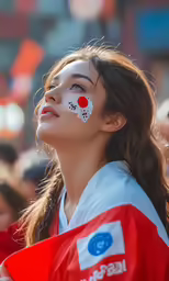 a woman with face paint looks up while wearing a red nose ring