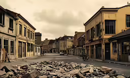 an old building near many rubbles and a bicycle is parked next to it